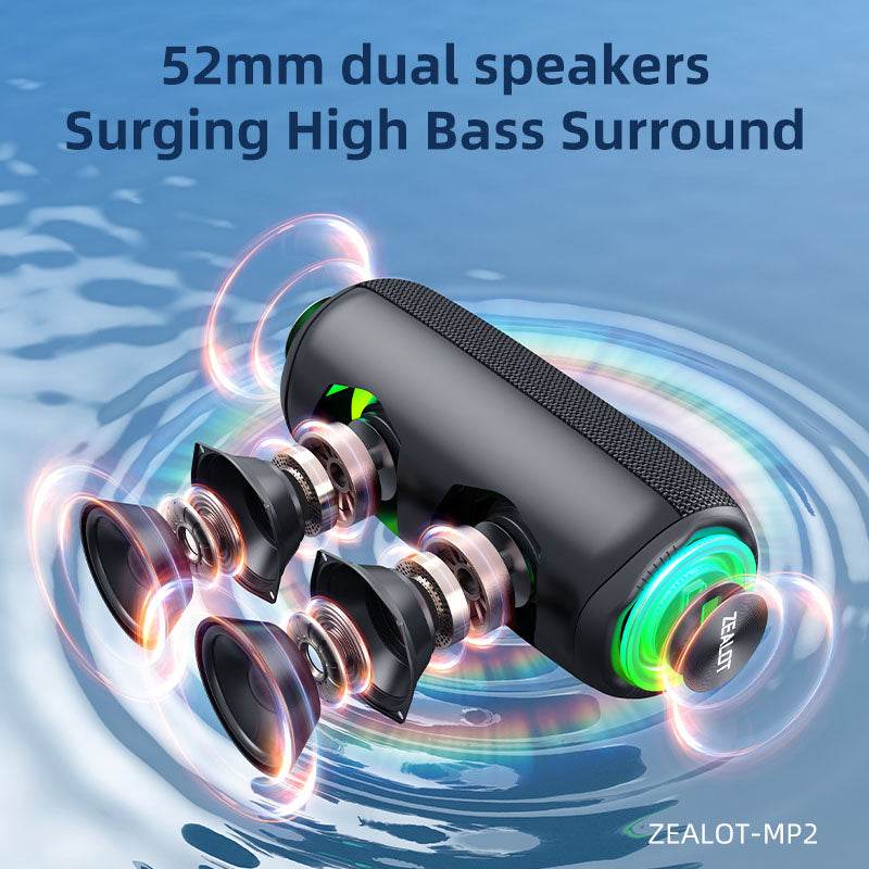 ZEALOT-MP2 Portable Bluetooth Speaker, IPX5 Waterproof, 360° Wireless Stereo Sound for Camping & Hiking - HTT Mobiles
