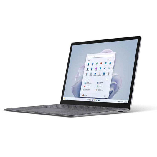 Microsoft Surface Laptop 5 in Platinum with Alcantara palm rest.