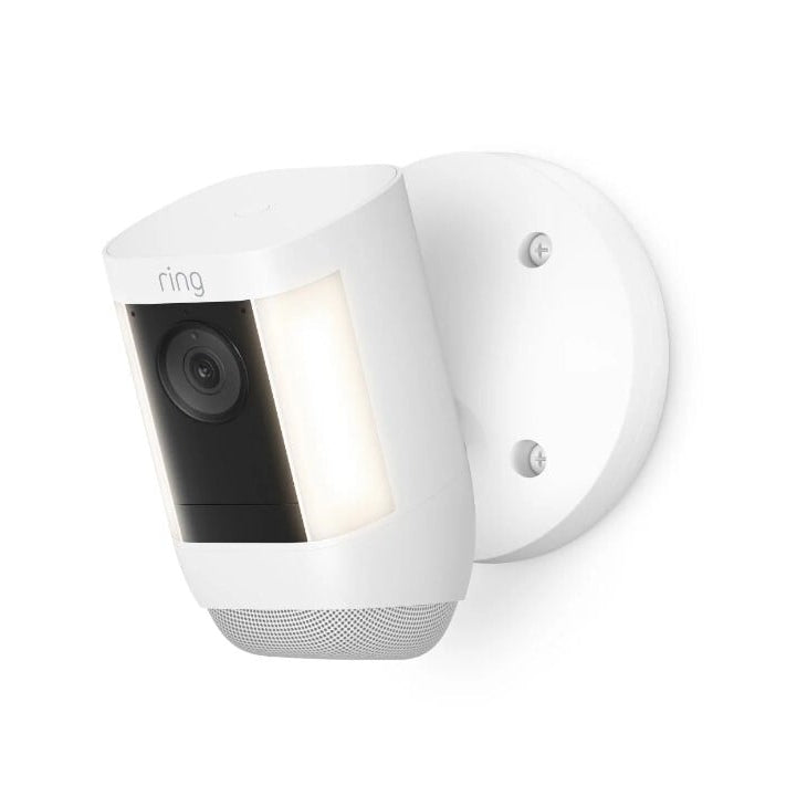 A Ring Spotlight Cam Battery with the white silicone skin installed.