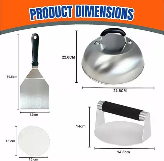 HTT Global 4PCS Burger Press Kit – Smash Burger Smasher, Cheese Dome, Spatula & Wax Discs