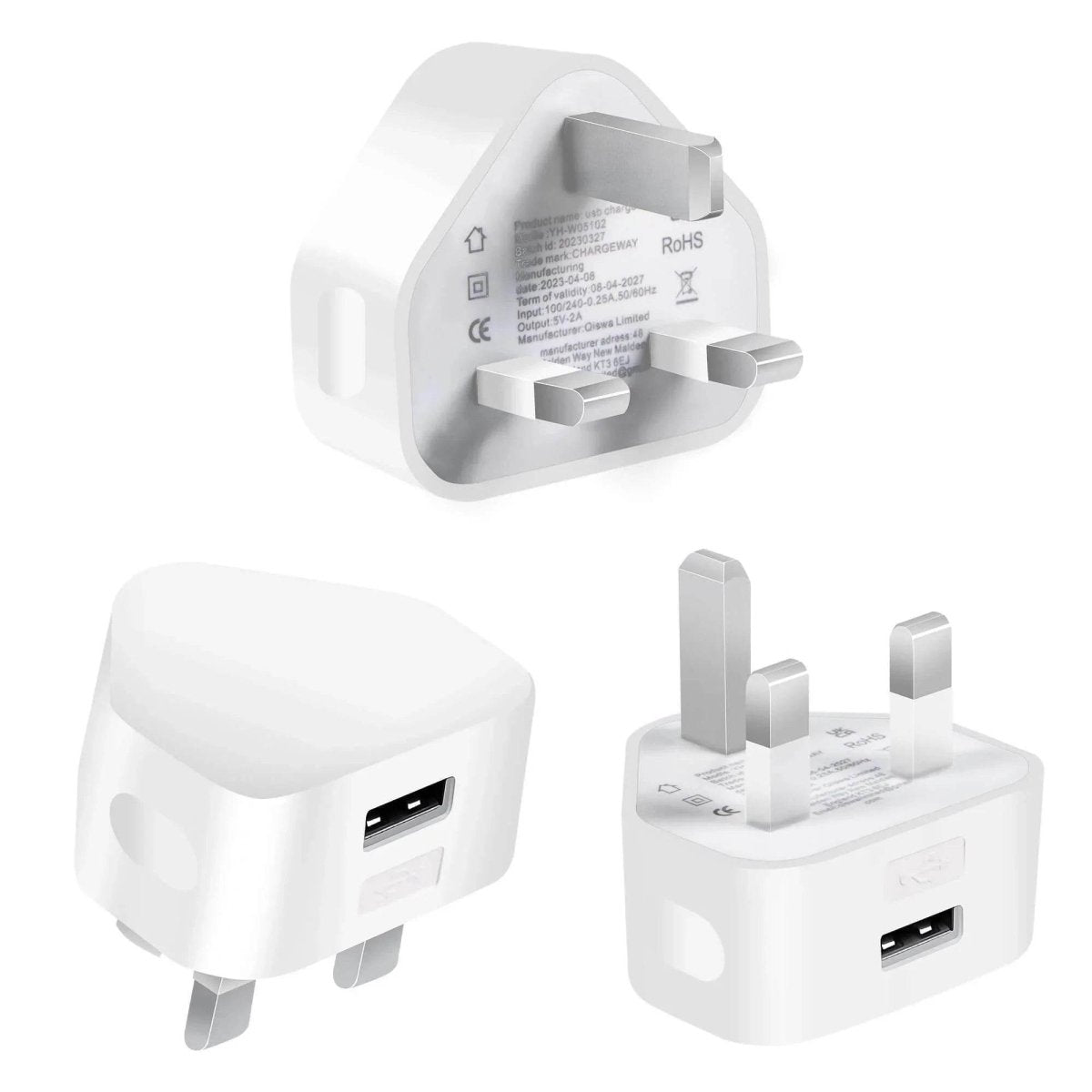 3 Pack UK USB Wall Charger Plug – 5V/2A High - Efficiency Mains Adapter, 10W Fast Charging for iPhone & Samsung - HTT Mobiles
