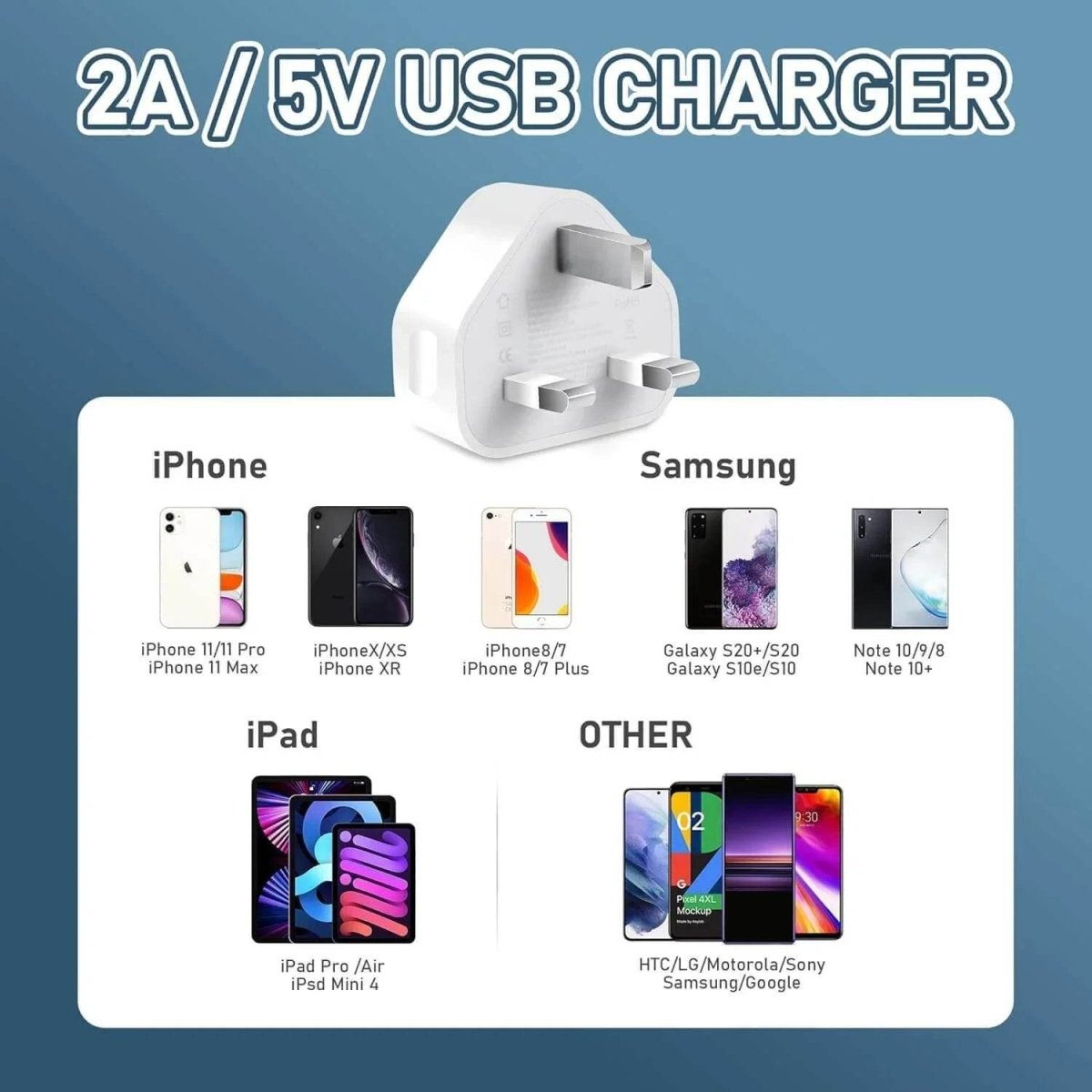 3 Pack UK USB Wall Charger Plug – 5V/2A High - Efficiency Mains Adapter, 10W Fast Charging for iPhone & Samsung - HTT Mobiles