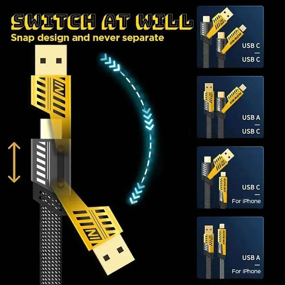 4 - in - 1 Multi Charging Cable (1M) – Nylon Braided USB A/C to USB - C & Lightning – 65W PD Fast Charging, Universal Sync Cord - HTT Mobiles