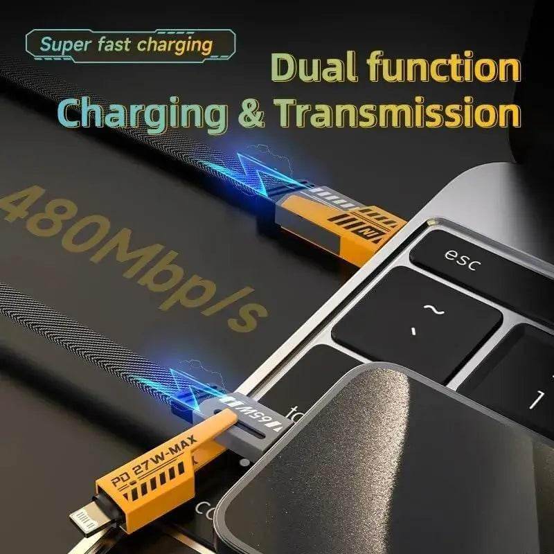 4 - in - 1 Multi Charging Cable (1M) – Nylon Braided USB A/C to USB - C & Lightning – 65W PD Fast Charging, Universal Sync Cord - HTT Mobiles