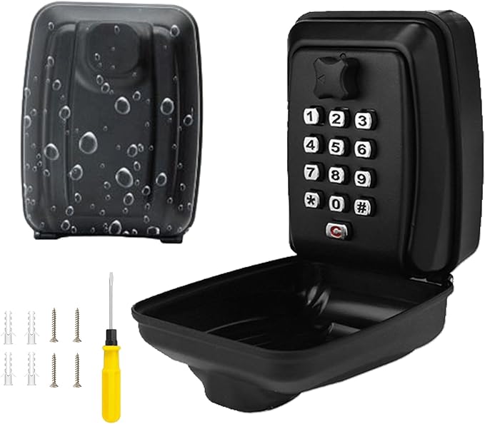 Key Safe Wall Mounted with Screwdriver, key lock box outdoor, Key Safe Outdoor for Keys & Cards, Lock Box 12 Digit Combination with Weatherproof Cover, Heavy Duty Key Lock Box Outdoor for Home