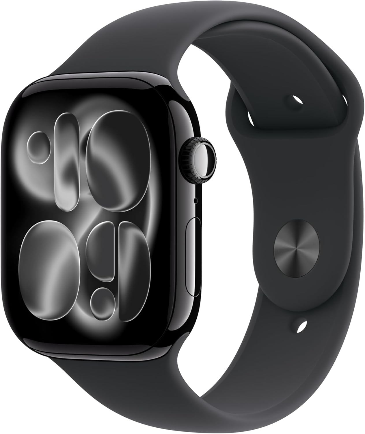 Apple Watch Series 11 GPS 46mm on a wrist in Jet Black with M/L Sport Band.	