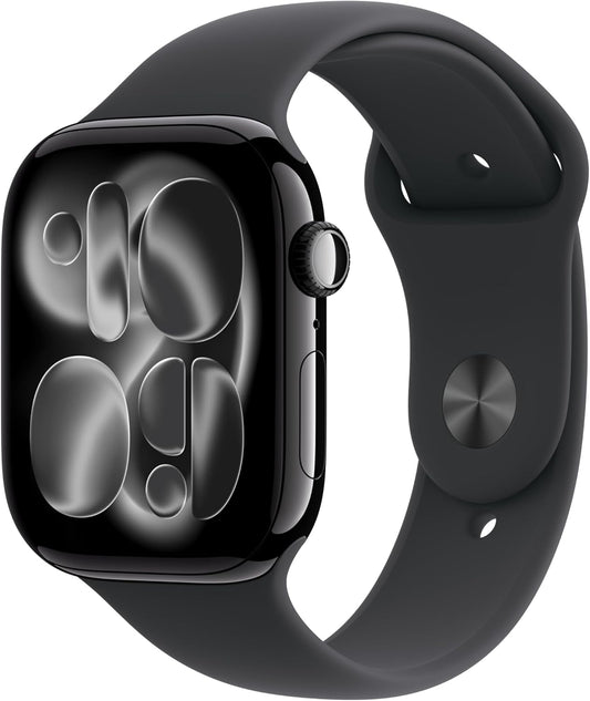 Apple Watch Series 11 GPS 46mm on a wrist in Jet Black with M/L Sport Band.	