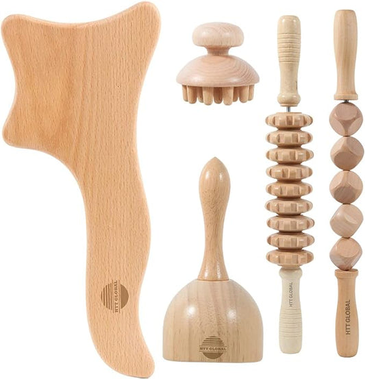 HTT GLOBAL Wood Therapy Massage Tools (5Pcs) - Maderotherapy Kit with Lymphatic Drainage Massager - Body Gua Sha Massage Tool - Wooden Massage Roller for Relieve Pain - Massage Tools for Full Body…