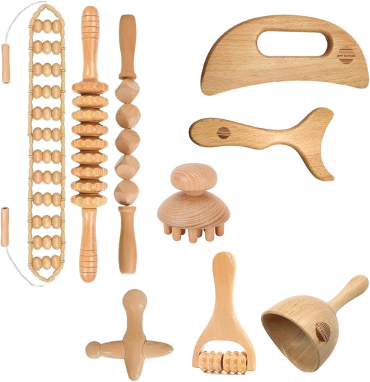 HTT GLOBAL Wood Therapy Massage Tools for Body Contouring & Shaping, Maderotherapy Kit with Lymphatic Drainage Massager, Wooden Body Sculpting Tools, Pain Relief Wooden Massage Roller (9pcs)