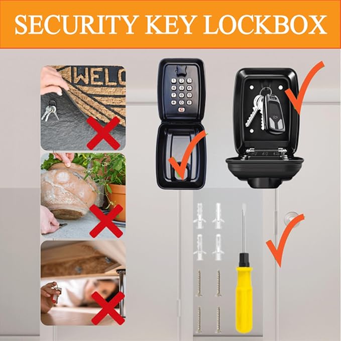 Key Safe Wall Mounted with Screwdriver, key lock box outdoor, Key Safe Outdoor for Keys & Cards, Lock Box 12 Digit Combination with Weatherproof Cover, Heavy Duty Key Lock Box Outdoor for Home