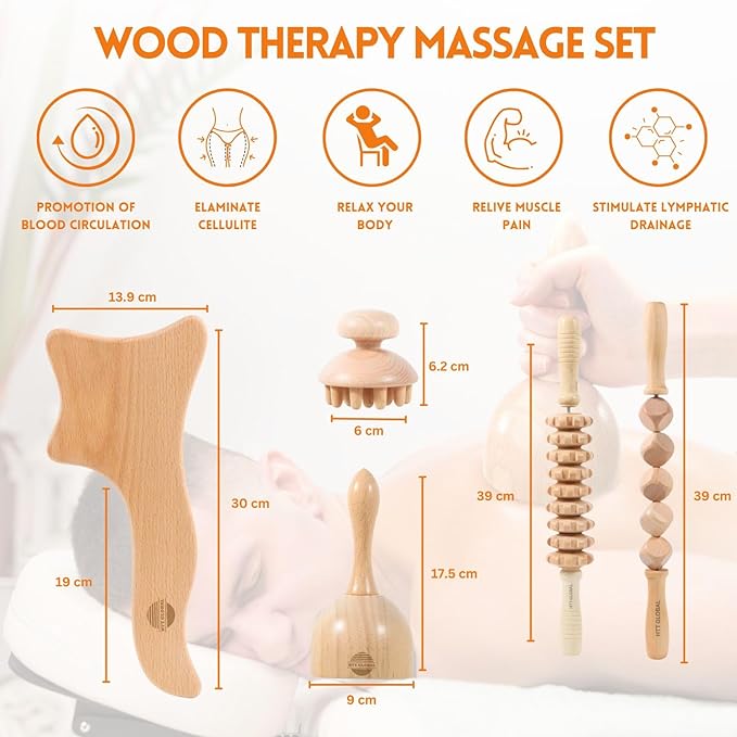HTT GLOBAL Wood Therapy Massage Tools (5Pcs) - Maderotherapy Kit with Lymphatic Drainage Massager - Body Gua Sha Massage Tool - Wooden Massage Roller for Relieve Pain - Massage Tools for Full Body…