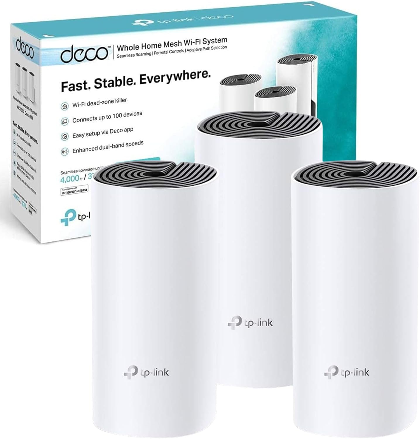 TP-Link Deco M4 Whole Home Mesh Wi-Fi System, Up to 4000 sq ft Coverage, Qualcomm CPU, Dual-Band AC1200 with Gigabit Ports, Compatible with Amazon Echo/Alexa, Parent Control, Pack of 3, Brand New