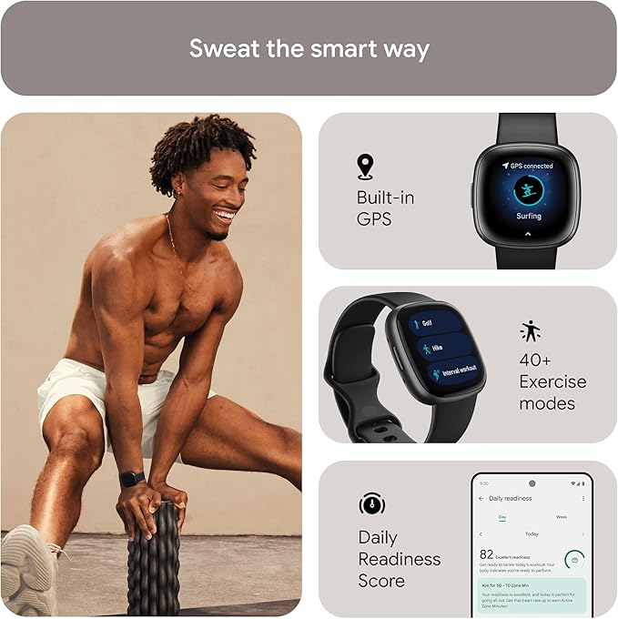 Google Fitbit Versa 4 Fitness Smartwatch with built-in GPS and up to 6 days battery life - compatible with iOS 15 or higher & Android OS 9.0 or higher, Black/Graphite