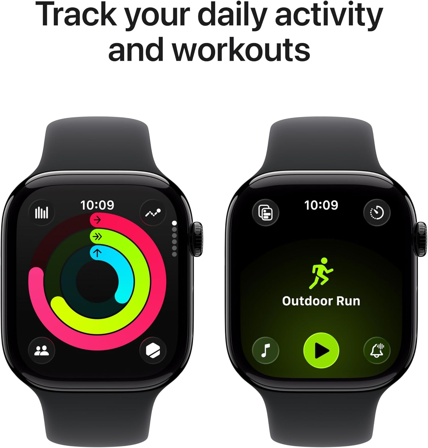 Apple Watch Series 11 GPS 46mm on a wrist in Jet Black with M/L Sport Band.	