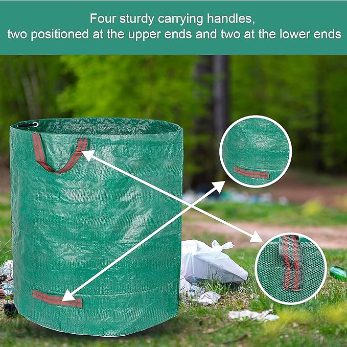 Garden Waste Bags Heavy Duty with Gardening Gloves - Garden Bags Heavy Duty with Handles - 400L x 3 Reusable Garden Sacks - Foldable Grass Bags for Garden - Large Green Bags for Garden Waste (4PCs)