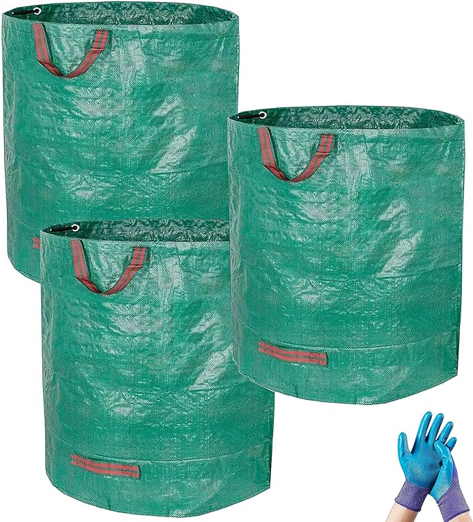 Garden Waste Bags Heavy Duty with Gardening Gloves - Garden Bags Heavy Duty with Handles - 400L x 3 Reusable Garden Sacks - Foldable Grass Bags for Garden - Large Green Bags for Garden Waste (4PCs)