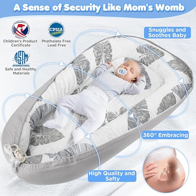 Baby Lounger Bed Baby Nest Pod for Newborn Toddler Sleep cot with Breathable Hypoallergenic Cotton Portable Travel Pod