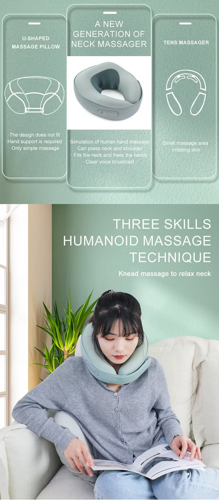 Neck Massager  with Heat - Cervical Pillow Deep Tissue Kneading for Back - Rechargeable Cordless 3D Kneading Massage Cushion Relieve Muscle Pain, for Home, Women Ideal Gift (Green)