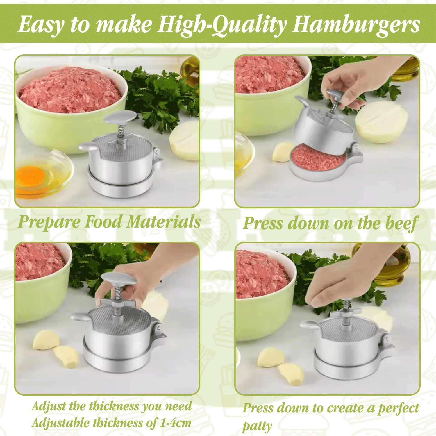 HTT Global Adjustable Burger Press with 100 Wax Discs – Double Aluminium Burger Smasher & Manual Patty Maker with Wood Handle – Non-Stick Press for Hamburgers, Chicken, Vegan Patties - HTT Mobiles