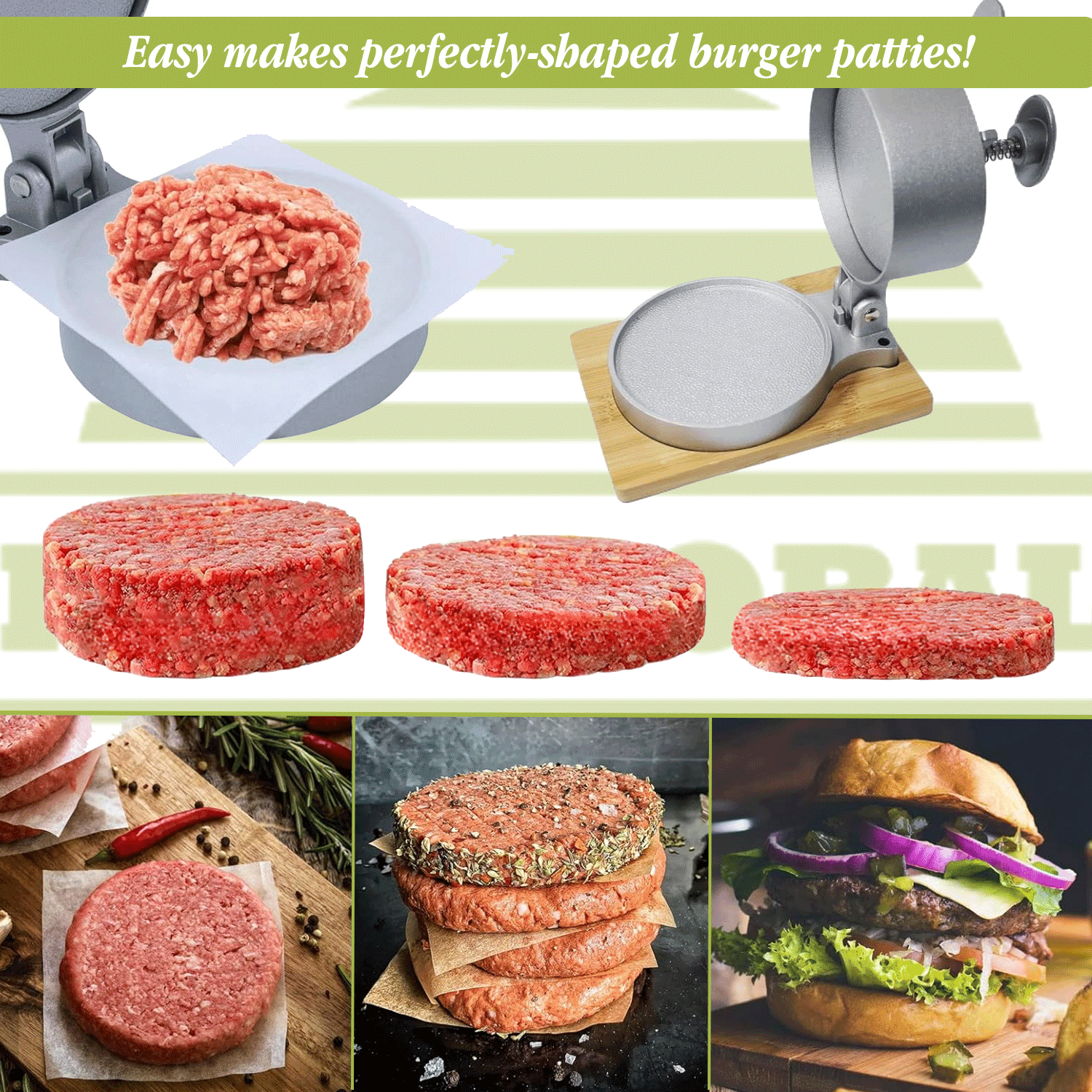 HTT Global Adjustable Burger Press with 100 Wax Discs – Double Aluminium Burger Smasher & Manual Patty Maker with Wood Handle – Non-Stick Press for Hamburgers, Chicken, Vegan Patties - HTT Mobiles