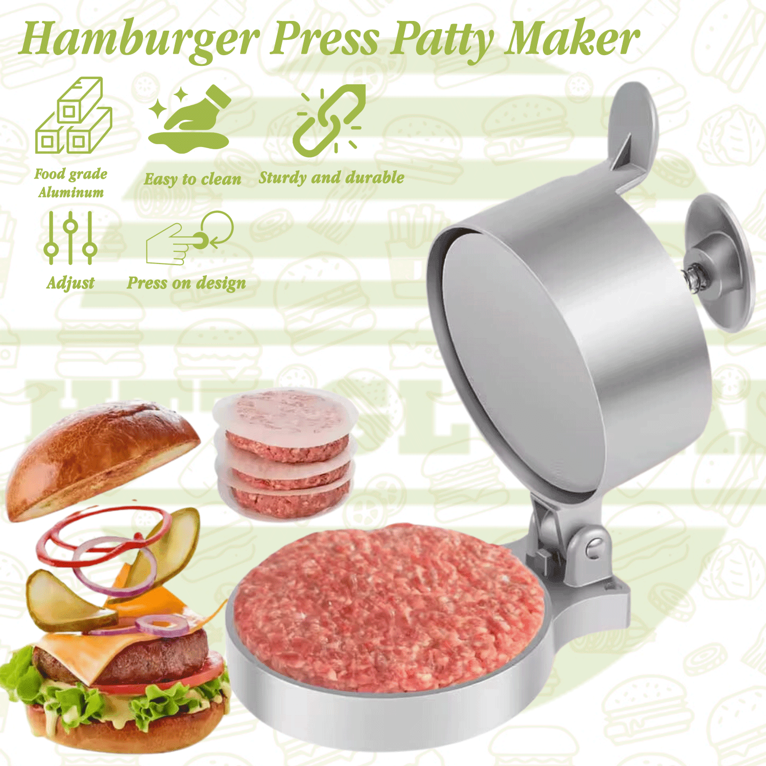 HTT Global Adjustable Burger Press with 100 Wax Discs – Double Aluminium Burger Smasher & Manual Patty Maker with Wood Handle – Non-Stick Press for Hamburgers, Chicken, Vegan Patties - HTT Mobiles
