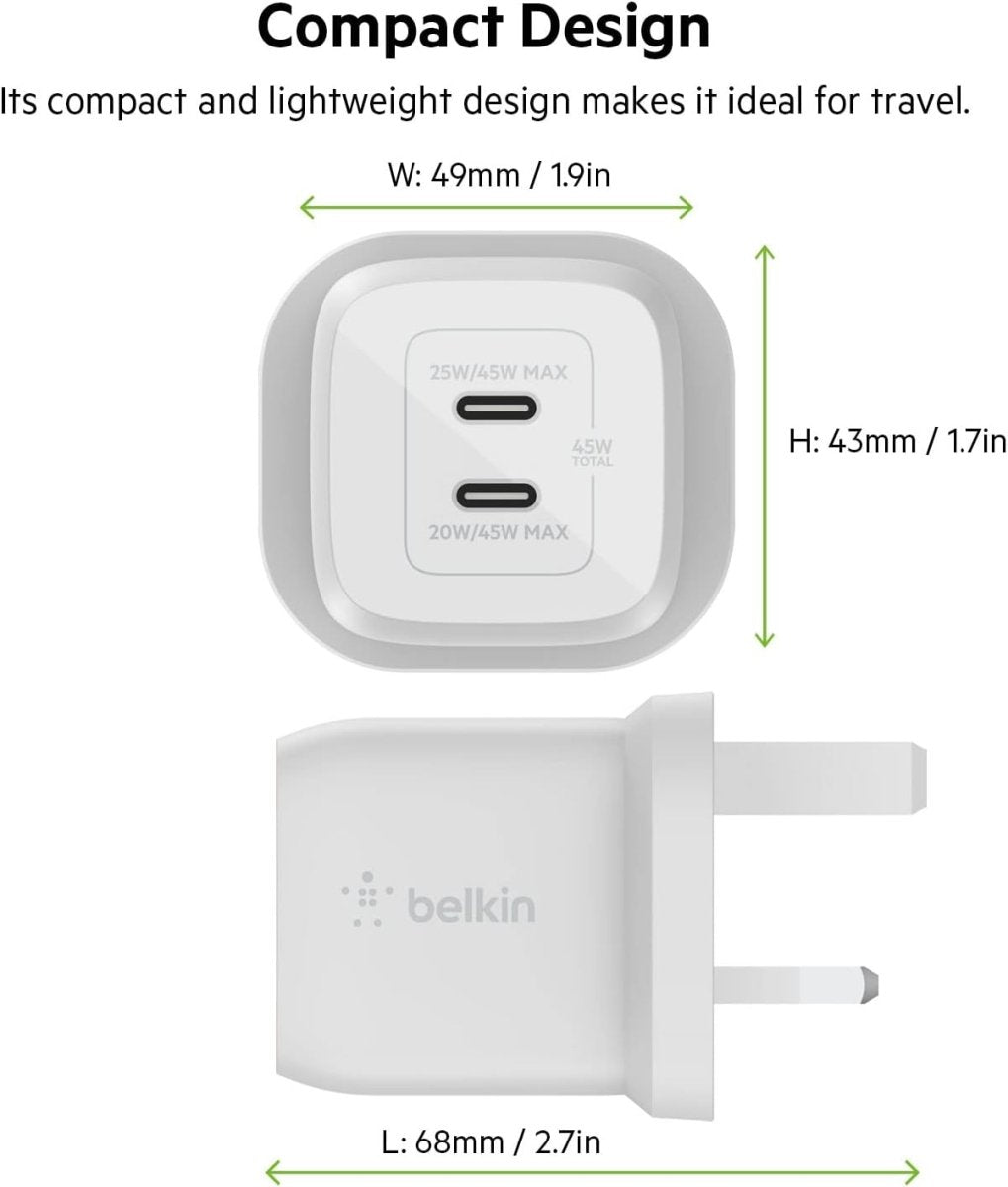 Belkin 45W Dual USB - C Wall Charger – PD 3.0 Fast Charging Adapter , - HTT Mobiles