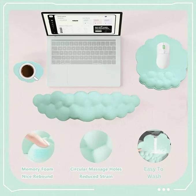 Cloud Wrist Rest Set (3 Pcs) – Ergonomic Memory Foam Keyboard & Mouse Support with Coaster (Non - Slip Base) - HTT Mobiles