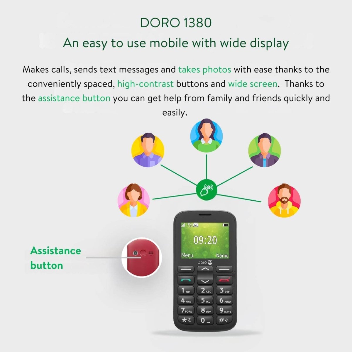 Doro 1380 Dual SIM Mobile Phone for Seniors (Black) – Large Keys, SOS Assistance Button, Camera & Torch - HTT Mobiles