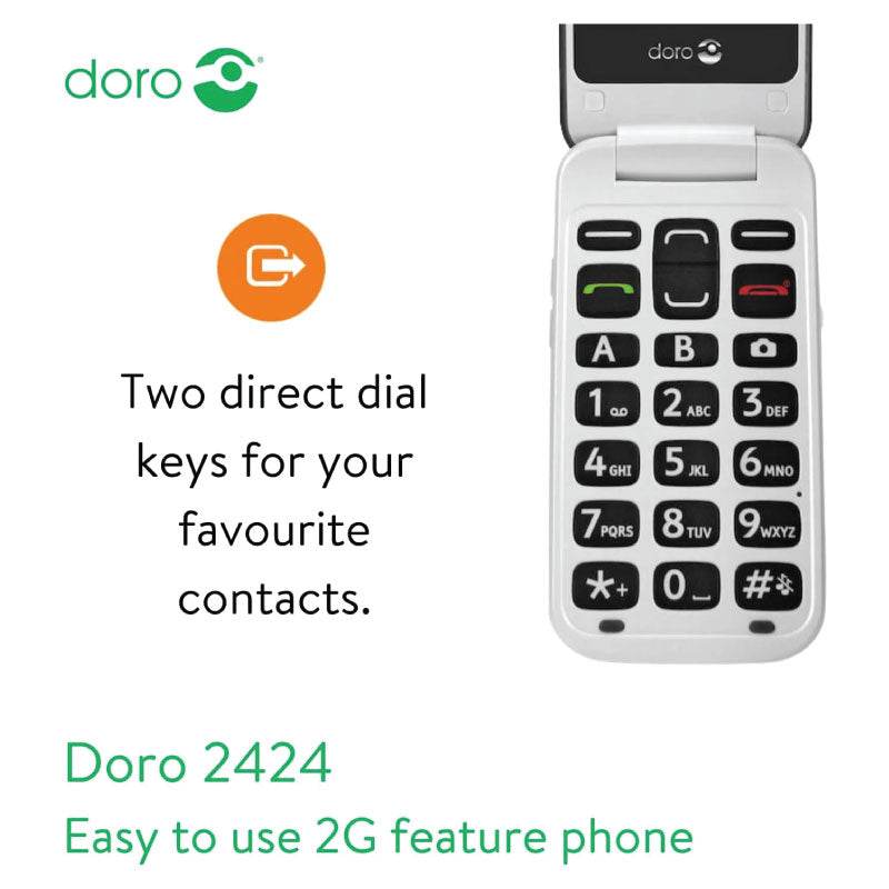 Doro 2424 Dual SIM Clamshell Mobile Phone for Seniors (Black) – External Display, SOS Button, Large Keys & Camera - HTT Mobiles