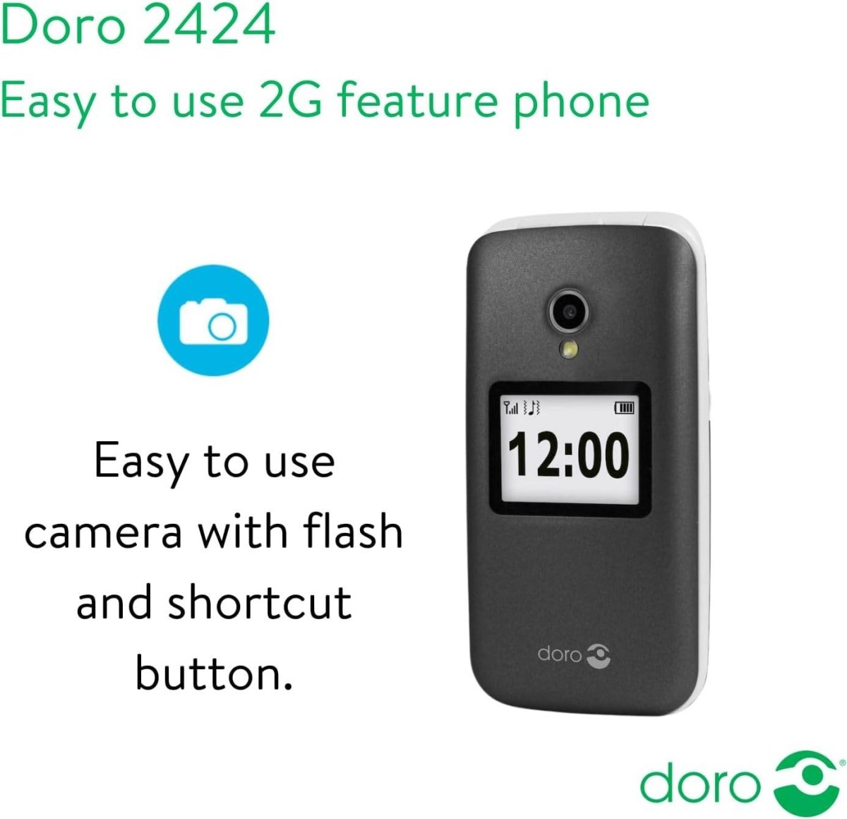 Doro 2424 Dual SIM Clamshell Mobile Phone for Seniors (Black) – External Display, SOS Button, Large Keys & Camera - HTT Mobiles