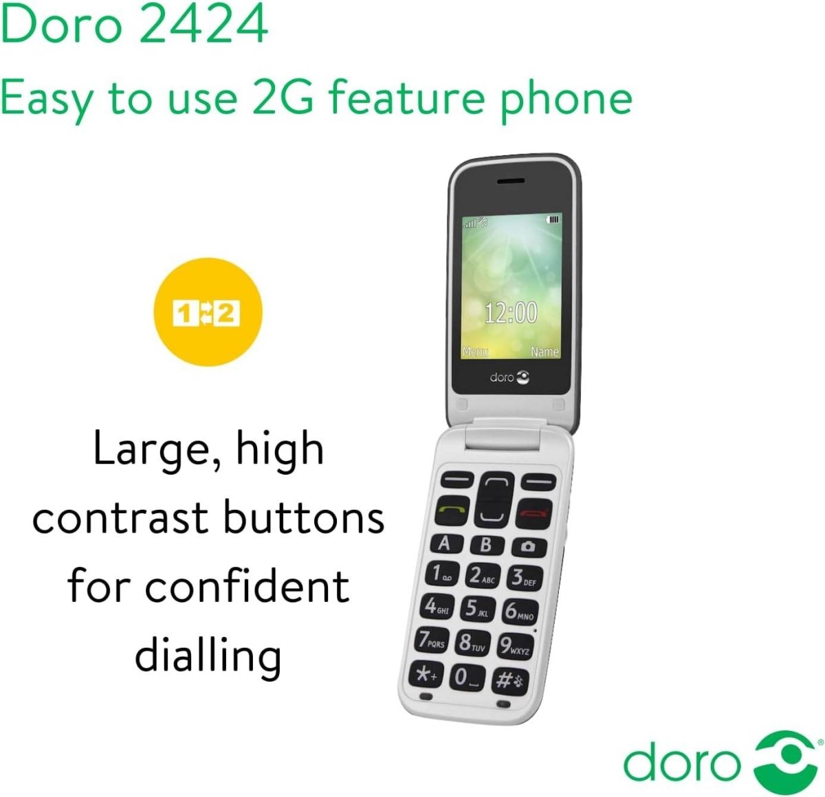Doro 2424 Dual SIM Clamshell Mobile Phone for Seniors (Black) – External Display, SOS Button, Large Keys & Camera - HTT Mobiles