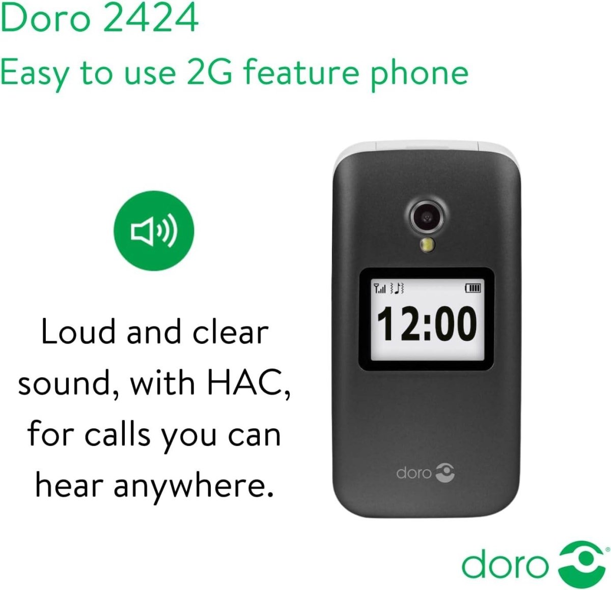 Doro 2424 Dual SIM Clamshell Mobile Phone for Seniors (Black) – External Display, SOS Button, Large Keys & Camera - HTT Mobiles