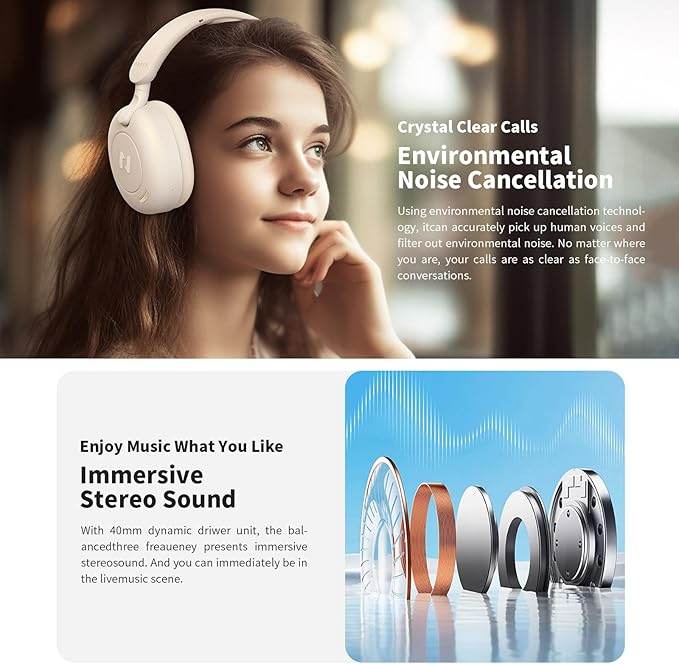 Havit H655BT Hybrid ANC Bluetooth Headset – On - Ear, 65 Hour Battery, Dual Device Support, ENC Clear Calls (BEIGE) - HTT Mobiles