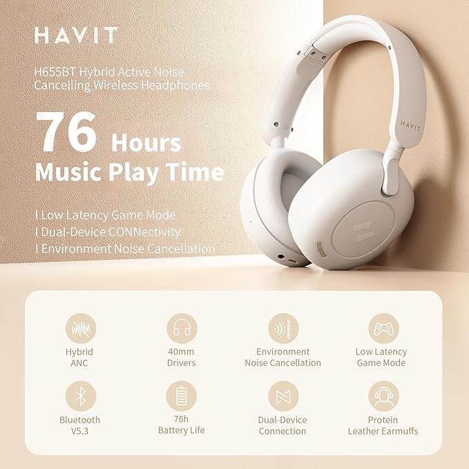 Havit H655BT Hybrid ANC Bluetooth Headset – On - Ear, 65 Hour Battery, Dual Device Support, ENC Clear Calls (BEIGE) - HTT Mobiles