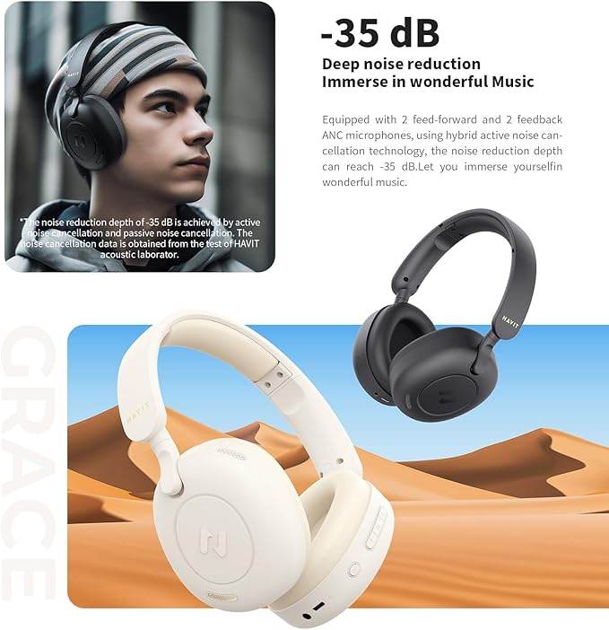 Havit H655BT Hybrid ANC Bluetooth Headset – On - Ear, 65 Hour Battery, Dual Device Support, ENC Clear Calls (BEIGE) - HTT Mobiles