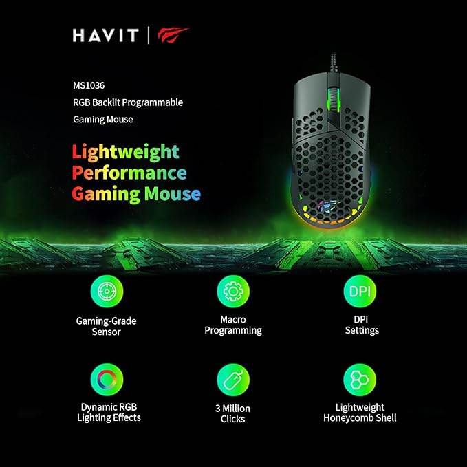 Havit MS1036 RGB Wired Gaming Mouse – 7200 DPI, 7 Programmable Keys, Ergonomic Design (Black) - HTT Mobiles