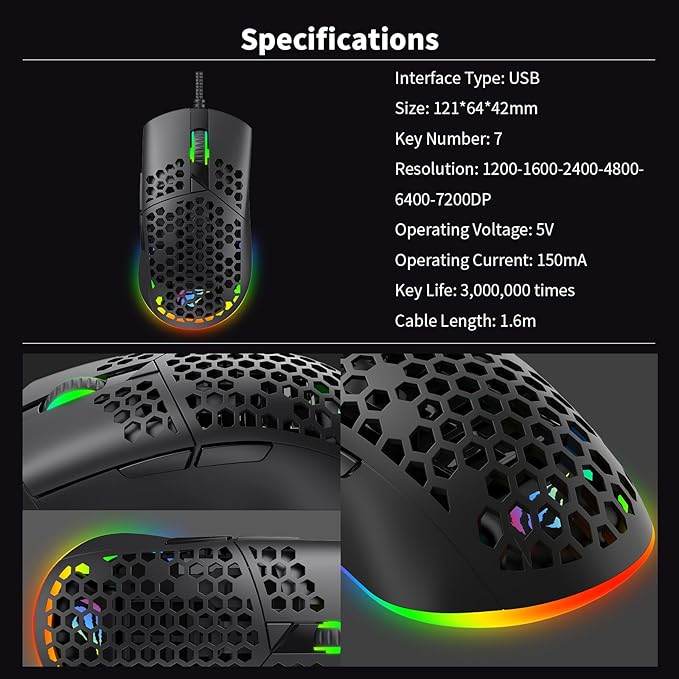 Havit MS1036 RGB Wired Gaming Mouse – 7200 DPI, 7 Programmable Keys, Ergonomic Design (Black) - HTT Mobiles