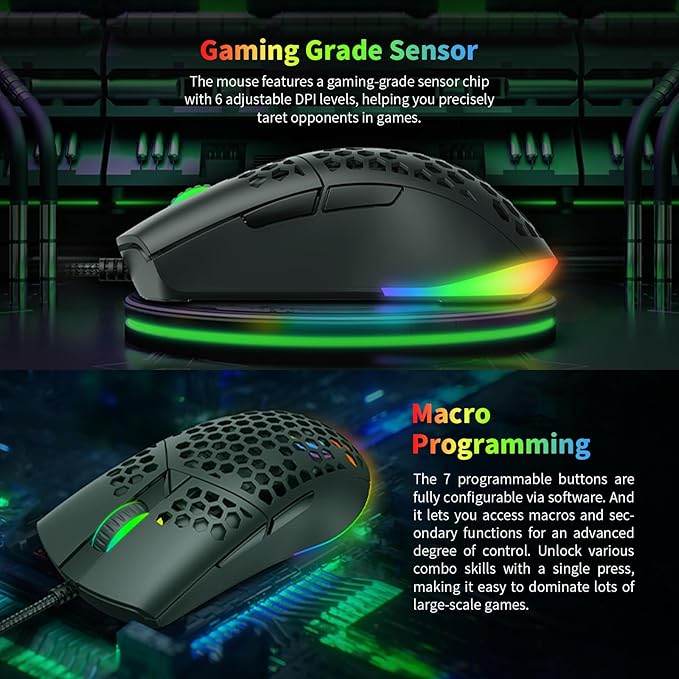 Havit MS1036 RGB Wired Gaming Mouse – 7200 DPI, 7 Programmable Keys, Ergonomic Design (Black) - HTT Mobiles