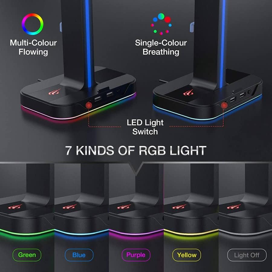 Havit TH650 RGB Headphone Stand – Dual Headset Holder, 2 USB Ports, Phone Stand (Black) - HTT Mobiles