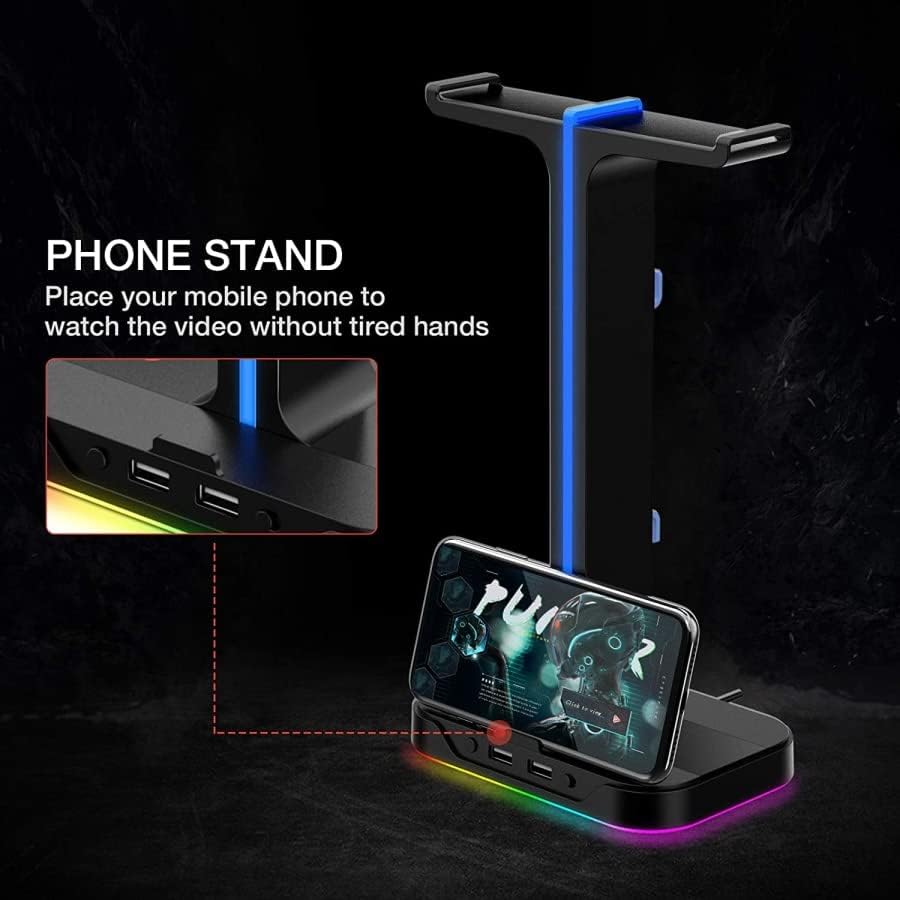 Havit TH650 RGB Headphone Stand – Dual Headset Holder, 2 USB Ports, Phone Stand (Black) - HTT Mobiles