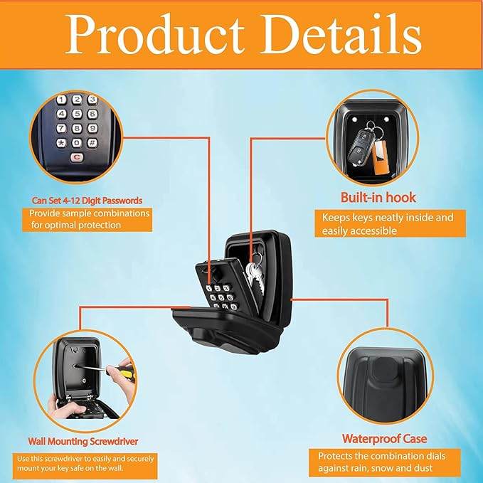 Heavy Duty Wall Mounted Key Safe Lock Box – Weatherproof 4 - Digit Combination Security Key Storage - HTT Mobiles