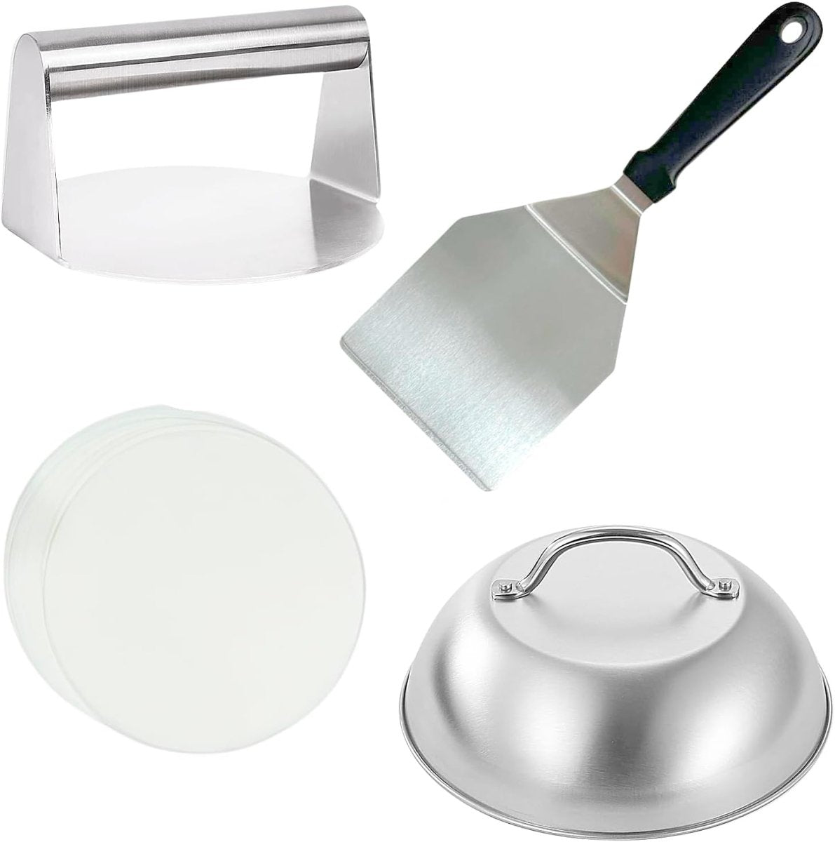 HTT Global 4PCS Burger Press Kit – Smash Burger Smasher, Cheese Melting Dome, Spatula & Wax Discs - HTT Mobiles