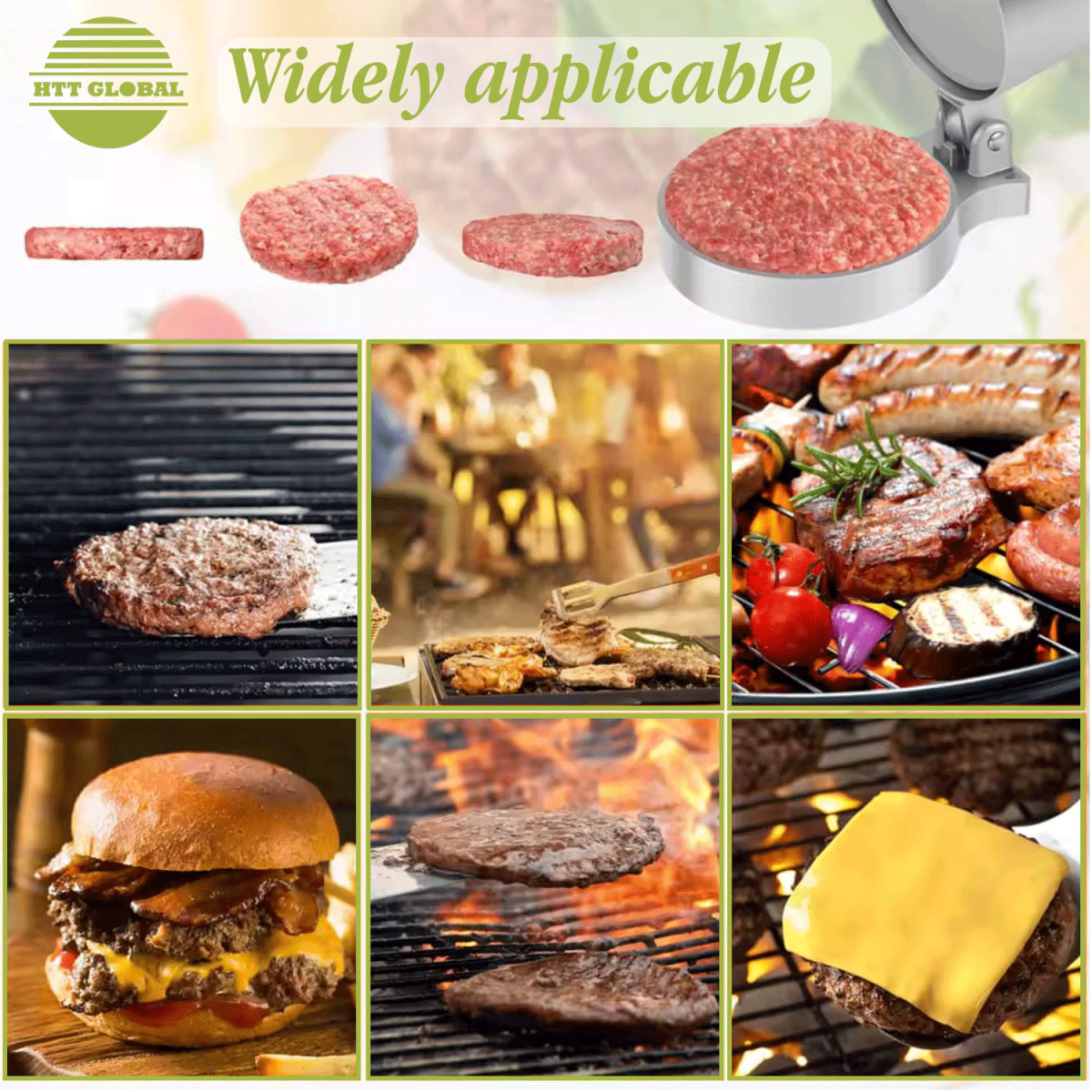 HTT Global Adjustable Burger Press – Double Aluminium Patty Maker with Wood Handle & 100 Wax Discs (Non - Stick) - HTT Mobiles