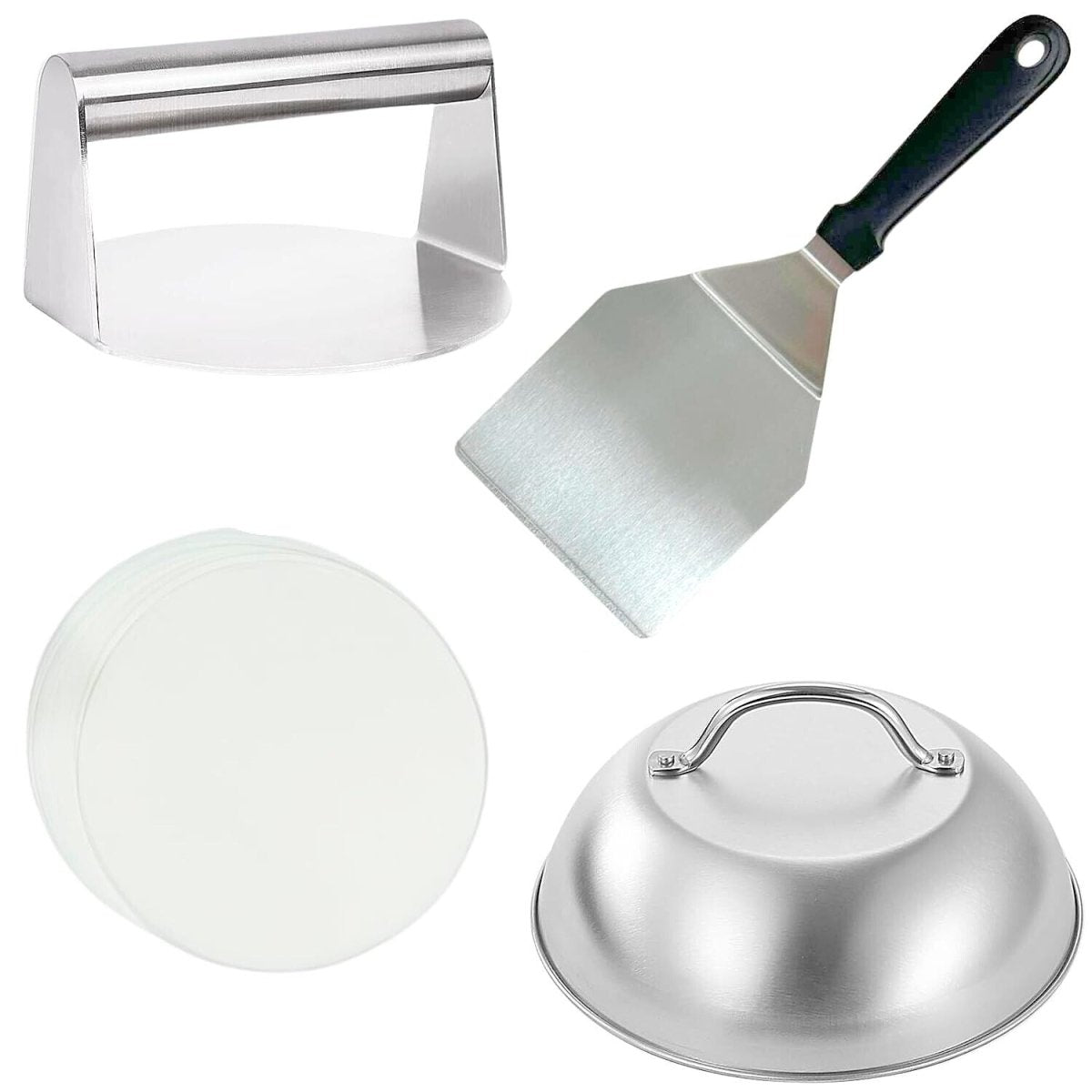 HTT GLOBAL Burger Press Kit – Smash Burger Press, 12" Flipper, 9" Melting Dome & 50 Wax Discs (4 - Piece BBQ Set) - HTT Mobiles