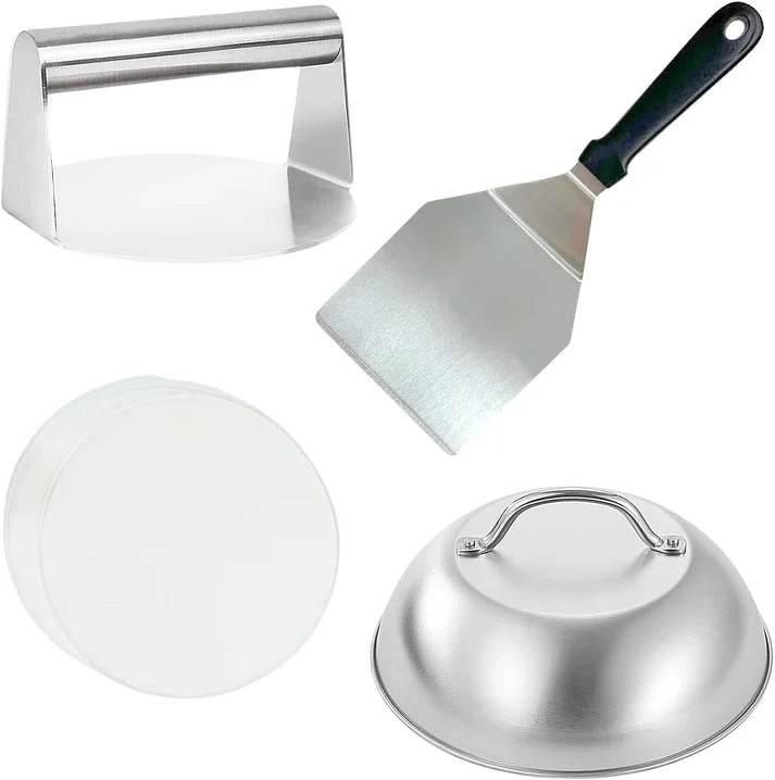 HTT GLOBAL Smash Burger Press & Griddle Kit – Stainless Steel Smasher, Spatula, Melting Dome & Wax Discs - HTT Mobiles