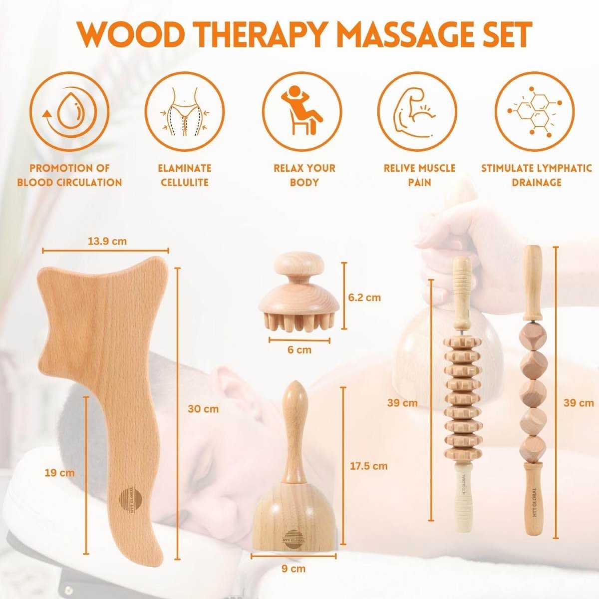 HTT GLOBAL Wood Massage Tools Set (3/5/7 Pcs) – Maderotherapy Kit for Gua Sha, Lymphatic Drainage & Cellulite Reduction - HTT Mobiles