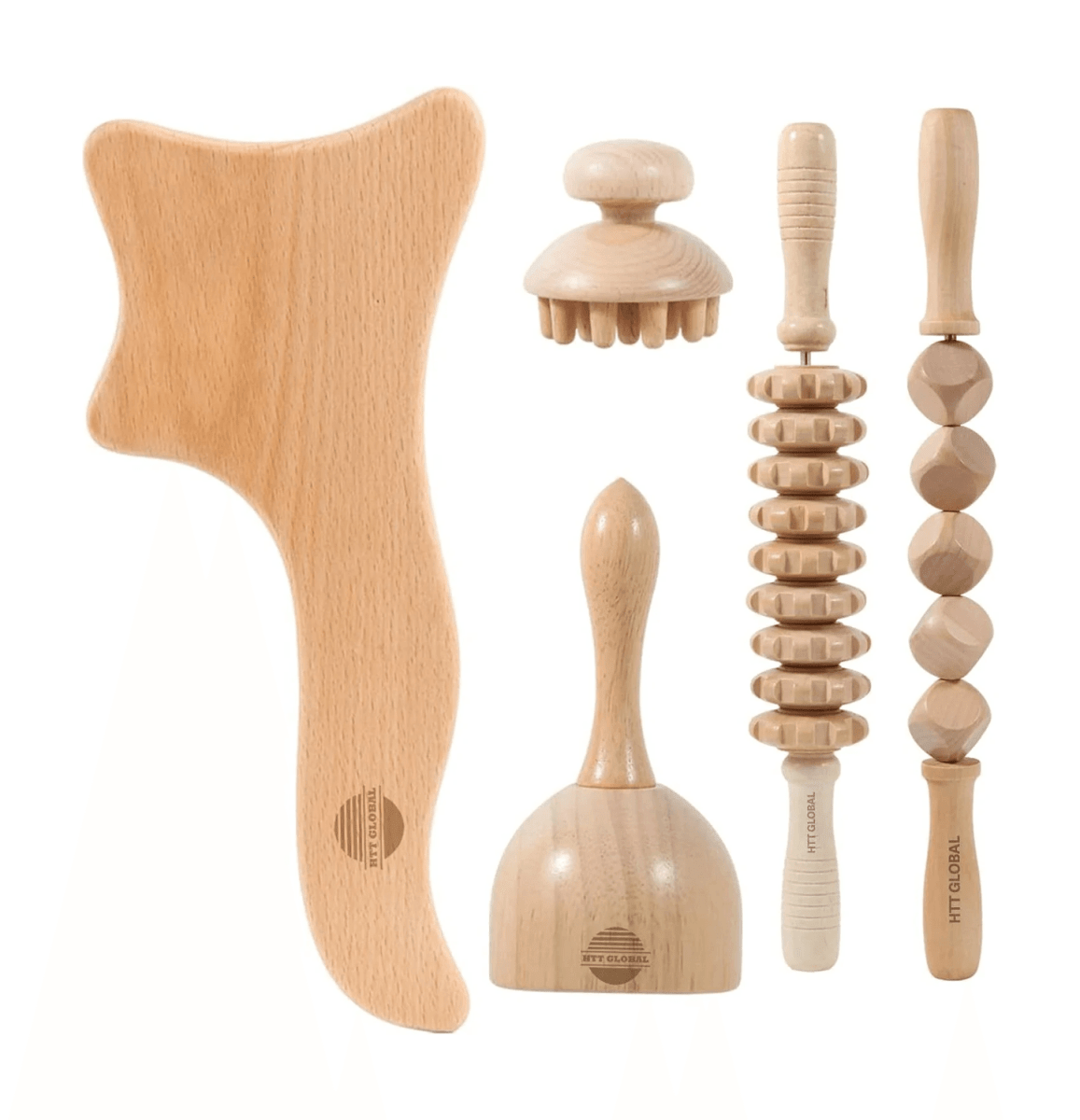 HTT GLOBAL Wood Massage Tools Set (3/5/7 Pcs) – Maderotherapy Kit for Gua Sha, Lymphatic Drainage & Cellulite Reduction - HTT Mobiles