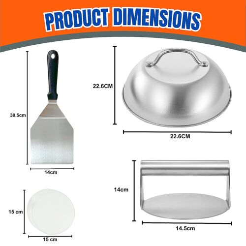 HTT GLOBAL Burger Press Kit with Burger Smasher - Burger Making Kit with Smash Burger Press, 12'' Burger Flipper, 9'' Cheese Melting Dome & 50 Wax Discs - BBQ Griddle Accessories Kit for Burger (4Pcs)