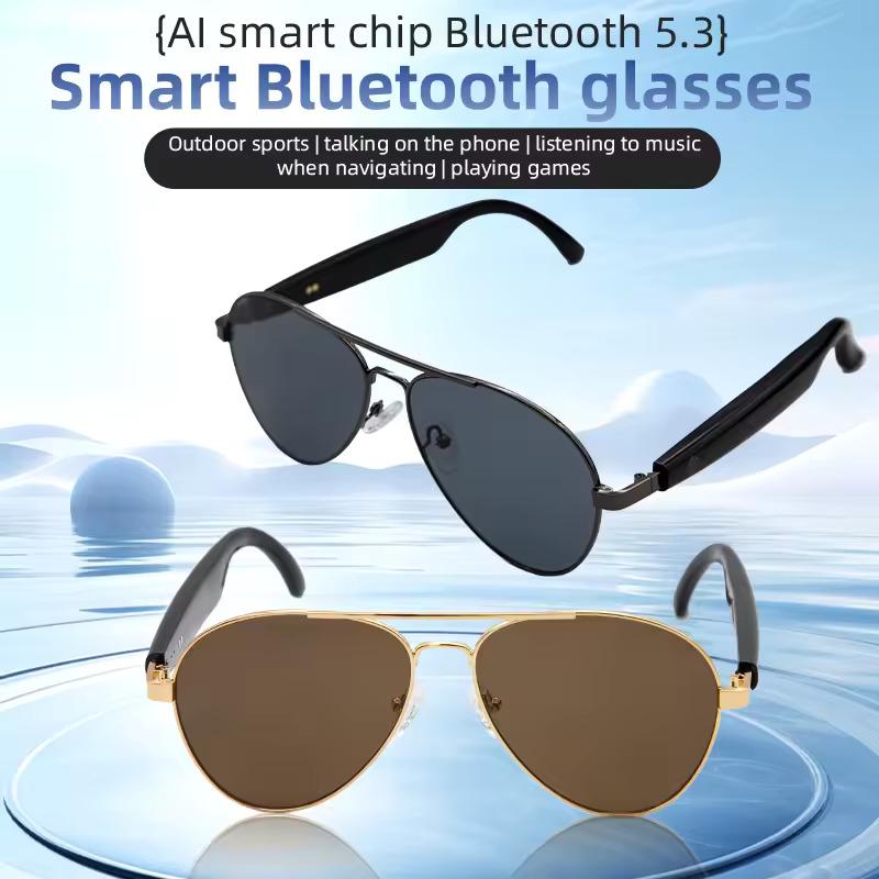 Smart Glasses Headset Wireless Bluetooth Sunglasses – Open - Ear Audio, Hands - Free Calling, UV Protection (HY1002 Gold/Grey) - HTT Mobiles