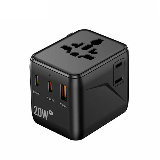 Universal Travel Adapter – All - in - One with 2 USB - C, 1 USB - A | Worldwide Plug Support (US, UK, EU, AU) - HTT Mobiles